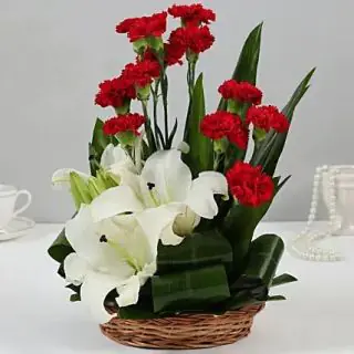 Basket arrangement of 10 red carnations with 2 white lilies