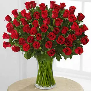 75 red roses in glass vase 