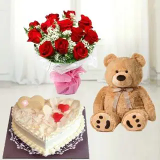 10 red roses bouquet with white forest cake with 6 inch teddybear 