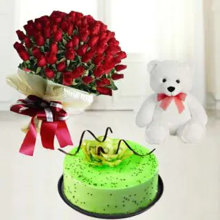 50 red roses hand bouquet with kiwi cool cake with 1 feet height teddybear 