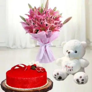 bunch of 8 pink exotic lilies with red velvet cake with 1 feet height teddybear 