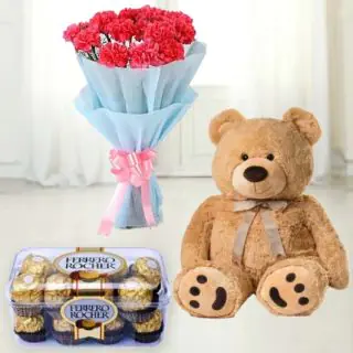 Bouquet of 10 pink carnations with 16 pcs ferrero rocher chocolate & 6 inch teddybear 