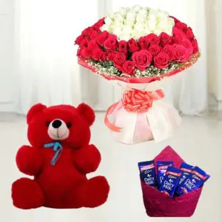 Bunch of 50 red and white roses with 6 inch teddy bear & pack of 5 dairy milk chocolate