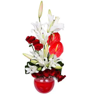 Bunch of white lilies and red anthuriums