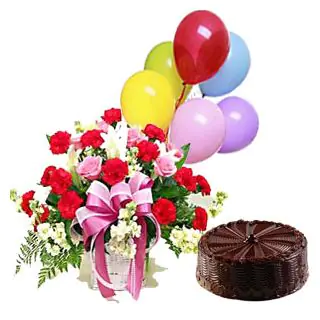 Arrangement of 25 carnations and roses with 1 pound chocolate fantasy fresh cream cake and a set of 6 pcs of full blown balloons