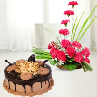 Basket Arrangement of 15 pink carnations with chocolate cake 