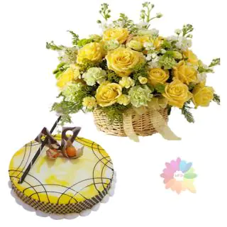 Basket arrangement of 15 yellow roses with 1 kg pineapple fresh cream cake 