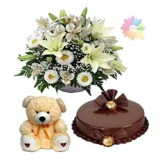 basket arrangement of white mix flowers with double chocolate cake with 1 feet height teddy bear