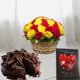 Basket of 12 red and yellow roses , Half kg chocolate truffle premium quality cake, valentine Greeting card