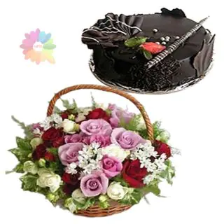 Basket of 15 mix roses with 1 pound chocolate fantasy cake 