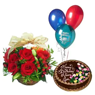 Basket of 15 Red Roses with 1 Pound Fresh Cream chocolate cake and set of 3 pcs of full blown balloons