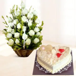 Basket of 20 white roses with white forest heart shape cake 
