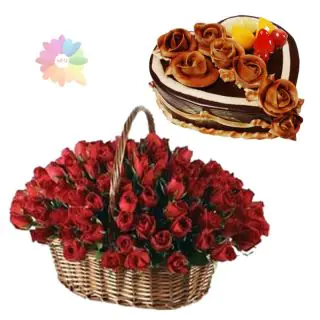 Basket of 60 red roses with 1 kg heart shape chocolate cake with exotic fruits topping 