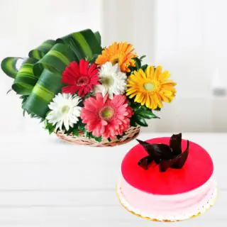 Basket of 6 mix colour gerberas with strawberry cake 