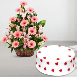 Beautiful Basket arrangement of 20 pink gerberas with vanilla cool cake 