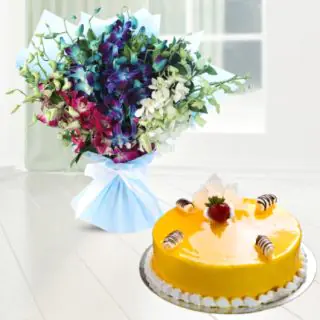 Beautiful bouquet of mix colour orchids with mango cool cake 