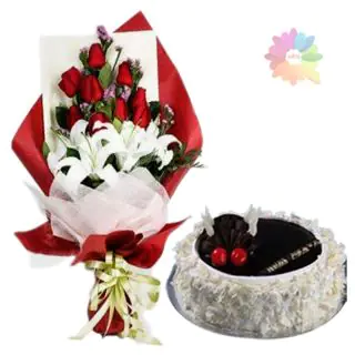Beautiful bunch of white lilies arranged with fresh red roses with 1 pound chocovanilla cake