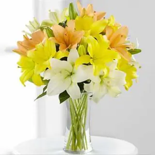 Beautiful vase arrangement of 10 pastel colour lilies 