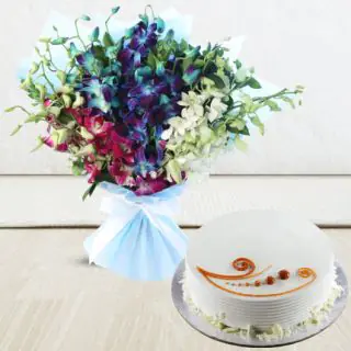 Bouquet of 10 mix colour orchids with vanilla cool cake 