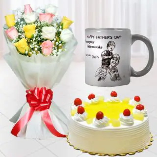 Bouquet of 10 mix colour roses, half kg pineapple cake, photo cushion 