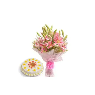 Bouquet Of 10 Pink Oriental Lilies With 1 Kg Pineapple Cake 