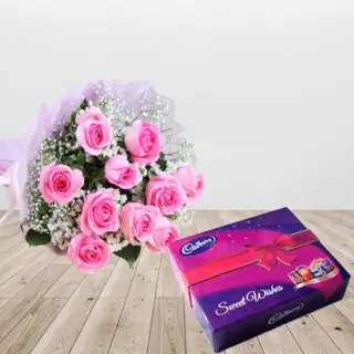 Bouquet of 10 pink roses with box of celebration chocolates 