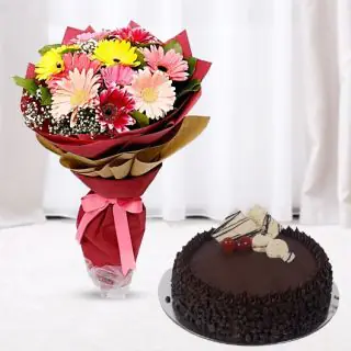 Bouquet of 12 mix colour gerberas with choco chips cake 