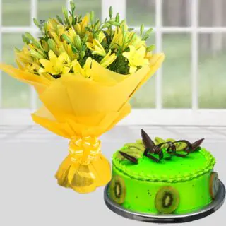Bouquet of 7 yellow lilies with kiwi cool cake 