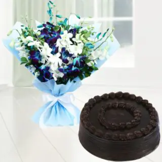 Bunch of 10 blue and white orchids with chocolate cake 