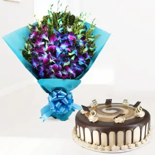 Bunch of 10 blue orchids with irish coffee cake 