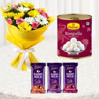 Bunch of 10 mix colour gerberas , set of 3 dairy milk silk , 1 kg rasgulla 