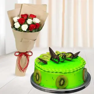Bunch of 10 red and white roses with kiwi cool cake 