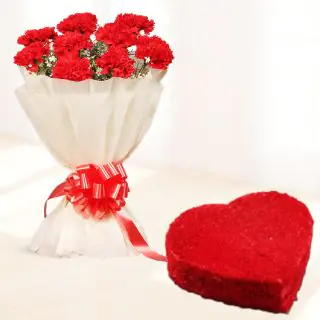 Bunch of 10 red carnations with heart shape red velvet cake 