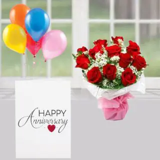 Bunch of 10 red roses , anniversary greeting card , 5 blown balloons 
