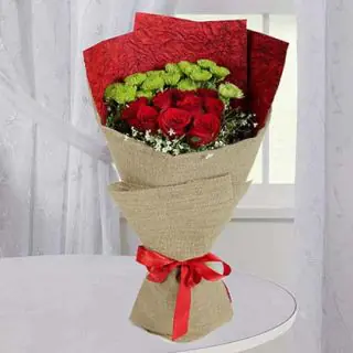 Bunch of 10 red roses with 10 green buttons 