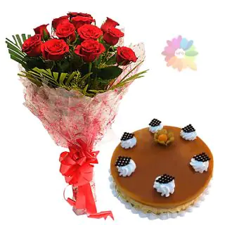 Bunch of 10 red roses with 1 pound butterscotch fresh cream cake