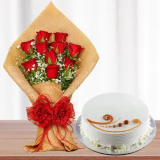 Bunch of 10 red roses in jute packing with vanilla cool cake 