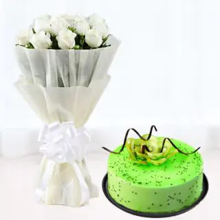 Bunch of 10 white roses with kiwi cool cake 