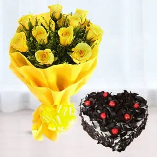 Bunch of 10 yellow roses with heart shape black forest cool cake 