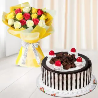 Bunch of 12 mix colour roses with black forest cool cake 
