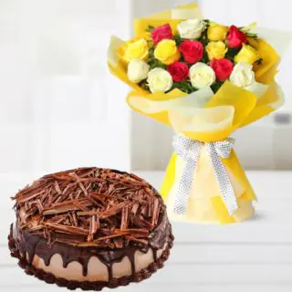 Bunch of 12 mix roses with half kg chocolate cheese cake 