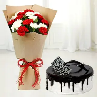 Bunch of 12 red and white carnations with choco vanilla cool cake 