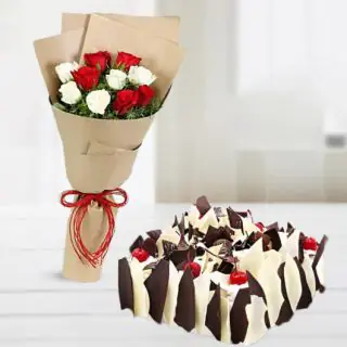 Bunch of 12 red and white roses with half kg white forest premium quality cake 