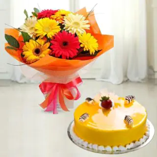 Bunch of 15 mix colour gerberas with mango cool cake 