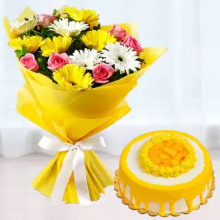 Bunch of 15 mix flowers with half kg premium quality mango cake 
