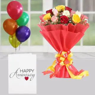 Bunch of 15 mix roses , anniversary greeting card , 5 blown balloons 