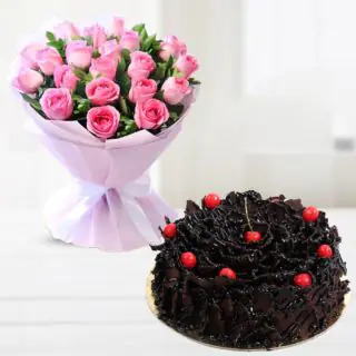 Bunch of 15 pink roses with chocolate fantasy cakes