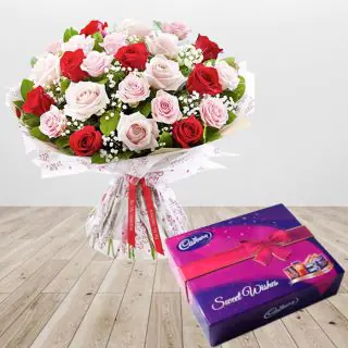 Bunch of 15 red and pink roses with box of celebration chocolates 