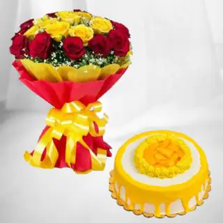 Bunch of 15 red and yellow roses with half kg mango cool cake 