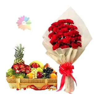 Bunch of 15 red carnations with 3 kg seasonal fruits basket with 10 chocolates